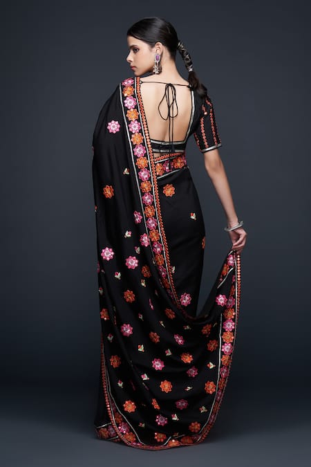Shop Gulabo By Abu Sandeep Black Viscose Chanderi Silk Embellished Mirrorwork V-neck Blouse at Aza Fashions Shop_Gulabo By Abu Sandeep_Black Viscose Chanderi Silk Embellished Mirrorwork V-neck Blouse _at_Aza_Fashions