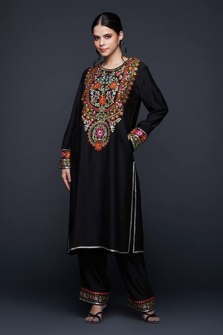 Gulabo By Abu Sandeep Black Viscose Chanderi Silk Embellished Mirrorwork Floral Embroidered Kurta Online at Aza Fashions Gulabo By Abu Sandeep_Black Viscose Chanderi Silk Embellished Mirrorwork Floral Embroidered Kurta _Online_at_Aza_Fashions