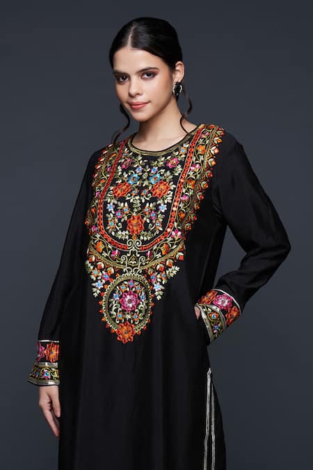 Buy Gulabo By Abu Sandeep Black Viscose Chanderi Silk Embellished Mirrorwork Floral Embroidered Kurta Online at Aza Fashions Buy_Gulabo By Abu Sandeep_Black Viscose Chanderi Silk Embellished Mirrorwork Floral Embroidered Kurta _Online_at_Aza_Fashions