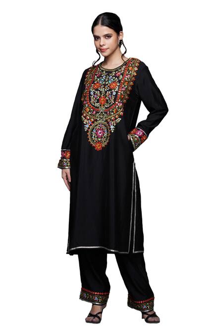 Shop Gulabo By Abu Sandeep Black Viscose Chanderi Silk Embellished Mirrorwork Floral Embroidered Kurta Online at Aza Fashions Shop_Gulabo By Abu Sandeep_Black Viscose Chanderi Silk Embellished Mirrorwork Floral Embroidered Kurta _Online_at_Aza_Fashions