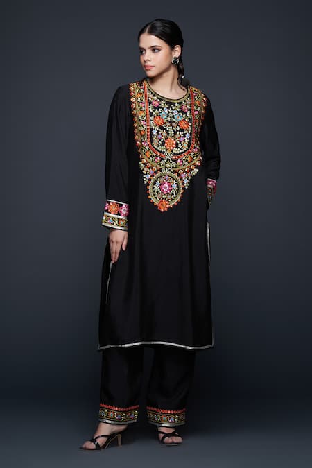 Gulabo By Abu Sandeep Black Viscose Chanderi Silk Embellished Mirrorwork Floral Embroidered Kurta at Aza Fashions Gulabo By Abu Sandeep_Black Viscose Chanderi Silk Embellished Mirrorwork Floral Embroidered Kurta _at_Aza_Fashions