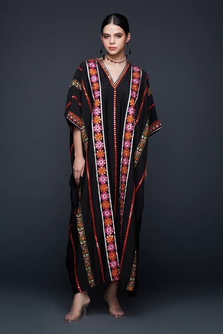 Gulabo By Abu Sandeep Black Viscose Chanderi Silk Floral Stripe Embroidered Kaftan Online at Aza Fashions Gulabo By Abu Sandeep_Black Viscose Chanderi Silk Floral Stripe Embroidered Kaftan _Online_at_Aza_Fashions