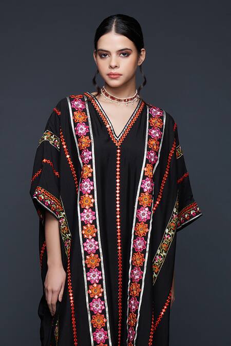 Buy Gulabo By Abu Sandeep Black Viscose Chanderi Silk Floral Stripe Embroidered Kaftan Online at Aza Fashions Buy_Gulabo By Abu Sandeep_Black Viscose Chanderi Silk Floral Stripe Embroidered Kaftan _Online_at_Aza_Fashions