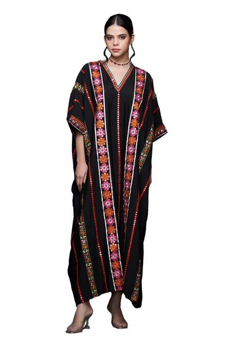 Shop Gulabo By Abu Sandeep Black Viscose Chanderi Silk Floral Stripe Embroidered Kaftan Online at Aza Fashions Shop_Gulabo By Abu Sandeep_Black Viscose Chanderi Silk Floral Stripe Embroidered Kaftan _Online_at_Aza_Fashions