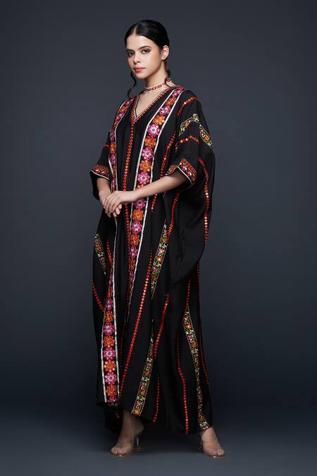 Gulabo By Abu Sandeep Black Viscose Chanderi Silk Floral Stripe Embroidered Kaftan at Aza Fashions Gulabo By Abu Sandeep_Black Viscose Chanderi Silk Floral Stripe Embroidered Kaftan _at_Aza_Fashions