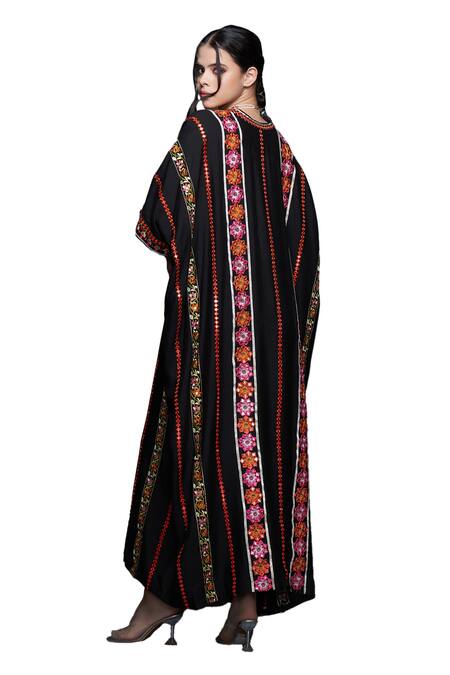 Shop Gulabo By Abu Sandeep Black Viscose Chanderi Silk Floral Stripe Embroidered Kaftan Shop_Gulabo By Abu Sandeep_Black Viscose Chanderi Silk Floral Stripe Embroidered Kaftan