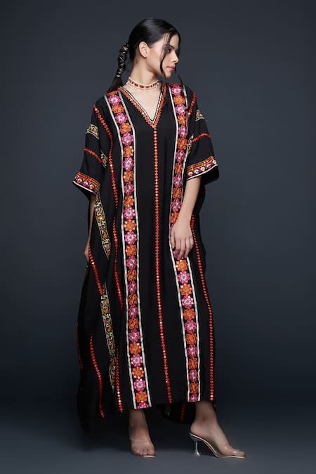 Gulabo by Abu Sandeep Black Viscose Chanderi Silk Floral Stripe Embroidered Kaftan  