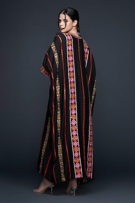 Shop Gulabo By Abu Sandeep Black Viscose Chanderi Silk Floral Stripe Embroidered Kaftan at Aza Fashions Shop_Gulabo By Abu Sandeep_Black Viscose Chanderi Silk Floral Stripe Embroidered Kaftan _at_Aza_Fashions