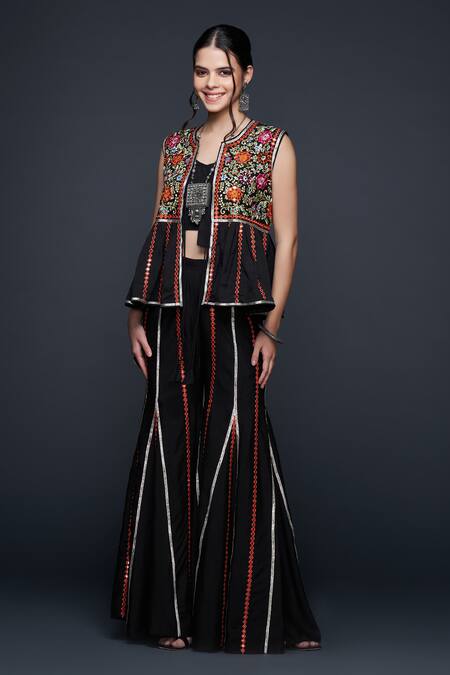 Gulabo By Abu Sandeep Black Viscose, Chanderi Silk Embroidery, Lace Open Neck Floral Gilet Jacket Online at Aza Fashions Gulabo By Abu Sandeep_Black Viscose, Chanderi Silk Embroidery, Lace Open Neck Floral Gilet Jacket _Online_at_Aza_Fashions