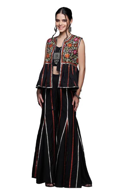 Buy Gulabo By Abu Sandeep Black Viscose, Chanderi Silk Embroidery, Lace Open Neck Floral Gilet Jacket Online at Aza Fashions Buy_Gulabo By Abu Sandeep_Black Viscose, Chanderi Silk Embroidery, Lace Open Neck Floral Gilet Jacket _Online_at_Aza_Fashions