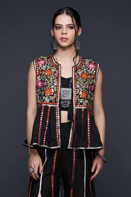 Shop Gulabo By Abu Sandeep Black Viscose, Chanderi Silk Embroidery, Lace Open Neck Floral Gilet Jacket Online at Aza Fashions Shop_Gulabo By Abu Sandeep_Black Viscose, Chanderi Silk Embroidery, Lace Open Neck Floral Gilet Jacket _Online_at_Aza_Fashions