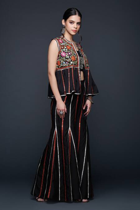 Gulabo By Abu Sandeep Black Viscose, Chanderi Silk Embroidery, Lace Open Neck Floral Gilet Jacket at Aza Fashions Gulabo By Abu Sandeep_Black Viscose, Chanderi Silk Embroidery, Lace Open Neck Floral Gilet Jacket _at_Aza_Fashions