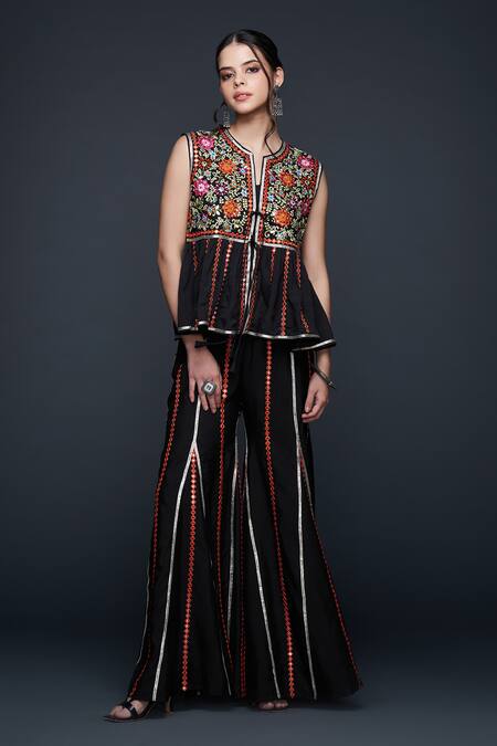 Buy Gulabo By Abu Sandeep Black Viscose, Chanderi Silk Embroidery, Lace Open Neck Floral Gilet Jacket Buy_Gulabo By Abu Sandeep_Black Viscose, Chanderi Silk Embroidery, Lace Open Neck Floral Gilet Jacket