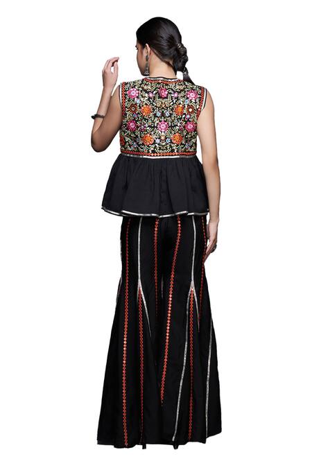 Shop Gulabo By Abu Sandeep Black Viscose, Chanderi Silk Embroidery, Lace Open Neck Floral Gilet Jacket Shop_Gulabo By Abu Sandeep_Black Viscose, Chanderi Silk Embroidery, Lace Open Neck Floral Gilet Jacket