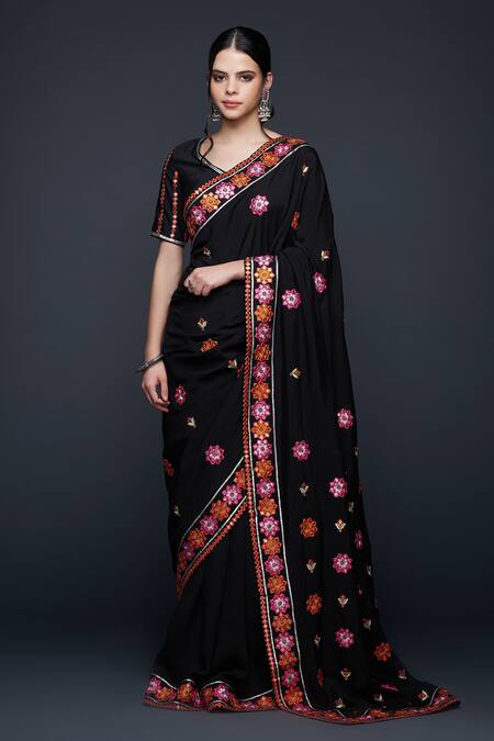 Gulabo By Abu Sandeep_Black Viscose, Chanderi Silk Embroidery, Mirrors, Lace Mirrorwork Floral Saree _Online_at_Aza_Fashions