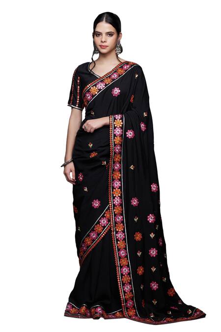 Buy_Gulabo By Abu Sandeep_Black Viscose, Chanderi Silk Embroidery, Mirrors, Lace Mirrorwork Floral Saree _Online_at_Aza_Fashions