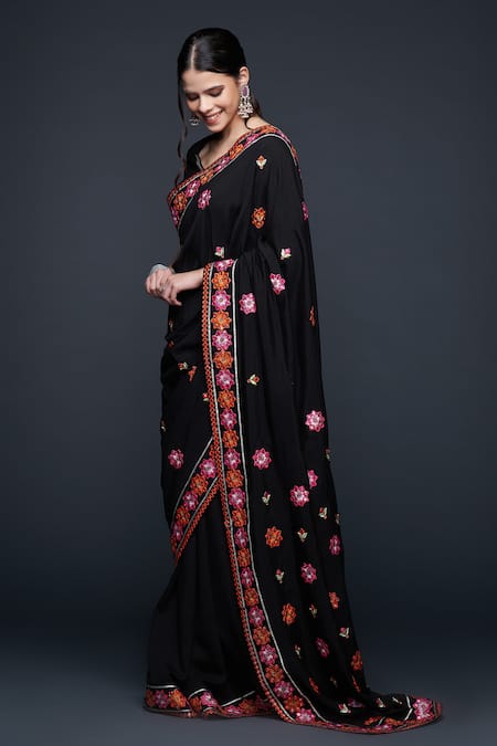Shop_Gulabo By Abu Sandeep_Black Viscose, Chanderi Silk Embroidery, Mirrors, Lace Mirrorwork Floral Saree _Online_at_Aza_Fashions