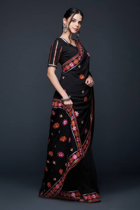 Gulabo By Abu Sandeep_Black Viscose, Chanderi Silk Embroidery, Mirrors, Lace Mirrorwork Floral Saree _at_Aza_Fashions