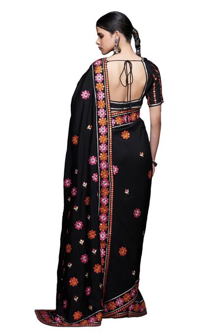 Buy_Gulabo By Abu Sandeep_Black Viscose, Chanderi Silk Embroidery, Mirrors, Lace Mirrorwork Floral Saree 