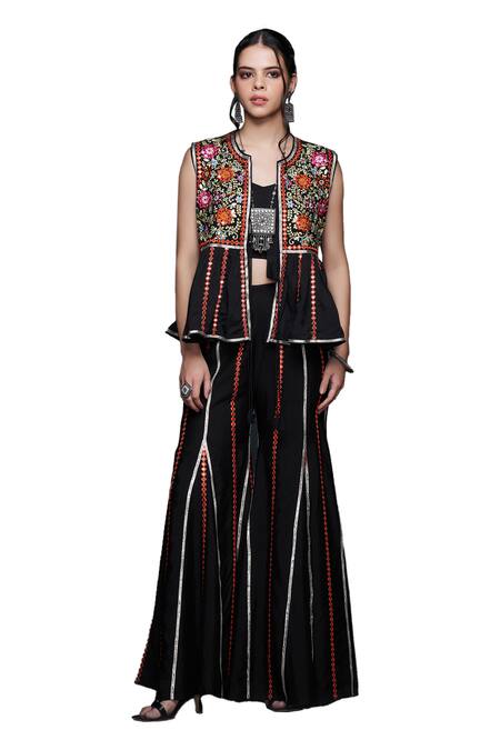 Gulabo By Abu Sandeep Black Viscose Chanderi Silk Embellished Mirrorwork Lace Flared Pant Online at Aza Fashions Gulabo By Abu Sandeep_Black Viscose Chanderi Silk Embellished Mirrorwork Lace Flared Pant _Online_at_Aza_Fashions