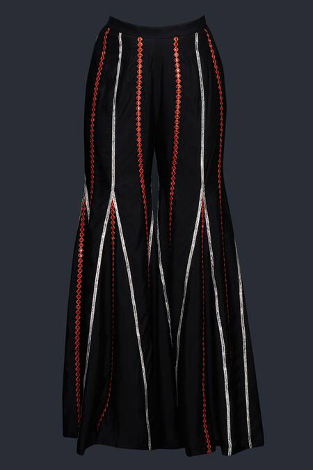 Shop Gulabo By Abu Sandeep Black Viscose Chanderi Silk Embellished Mirrorwork Lace Flared Pant Online at Aza Fashions Shop_Gulabo By Abu Sandeep_Black Viscose Chanderi Silk Embellished Mirrorwork Lace Flared Pant _Online_at_Aza_Fashions