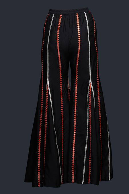 Gulabo By Abu Sandeep Black Viscose Chanderi Silk Embellished Mirrorwork Lace Flared Pant at Aza Fashions Gulabo By Abu Sandeep_Black Viscose Chanderi Silk Embellished Mirrorwork Lace Flared Pant _at_Aza_Fashions