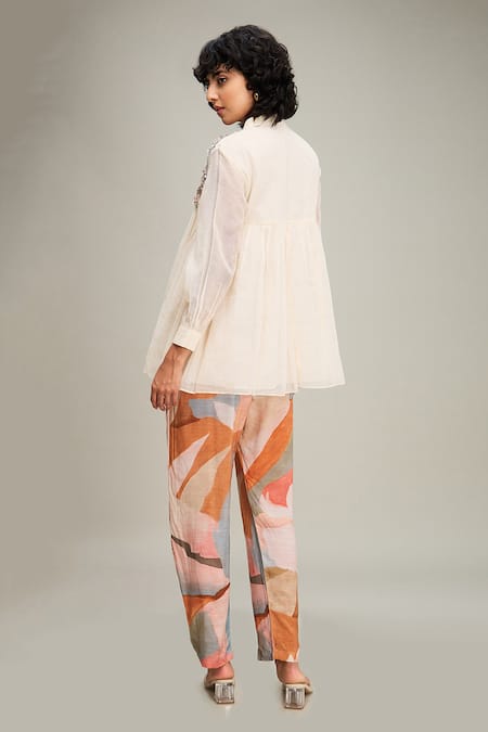Shop_Soup By Sougat Paul_Off White Handloom Cotton, Muslin Floral Beaded Yoke Top And Abstract Printed Pant _at_Aza_Fashions