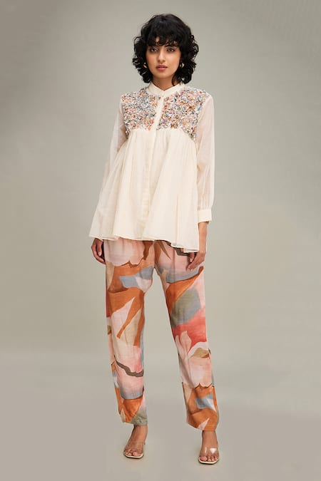 Soup By Sougat Paul_Off White Handloom Cotton, Muslin Floral Beaded Yoke Top And Abstract Printed Pant _Online_at_Aza_Fashions