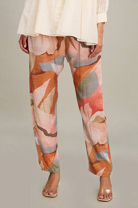 Buy_Soup By Sougat Paul_Off White Handloom Cotton, Muslin Floral Beaded Yoke Top And Abstract Printed Pant _Online_at_Aza_Fashions