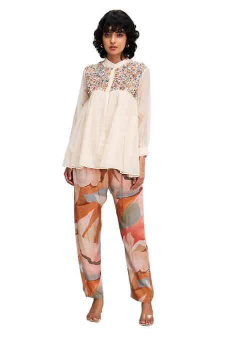 Shop_Soup By Sougat Paul_Off White Handloom Cotton, Muslin Floral Beaded Yoke Top And Abstract Printed Pant _Online_at_Aza_Fashions
