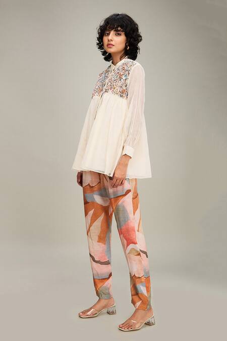 Soup By Sougat Paul_Off White Handloom Cotton, Muslin Floral Beaded Yoke Top And Abstract Printed Pant _at_Aza_Fashions