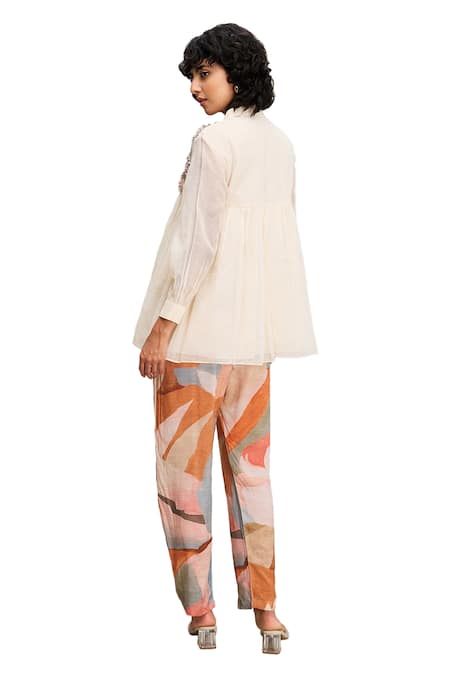 Buy_Soup By Sougat Paul_Off White Handloom Cotton, Muslin Floral Beaded Yoke Top And Abstract Printed Pant 