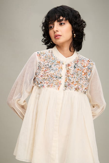 Shop_Soup By Sougat Paul_Off White Handloom Cotton, Muslin Floral Beaded Yoke Top And Abstract Printed Pant 