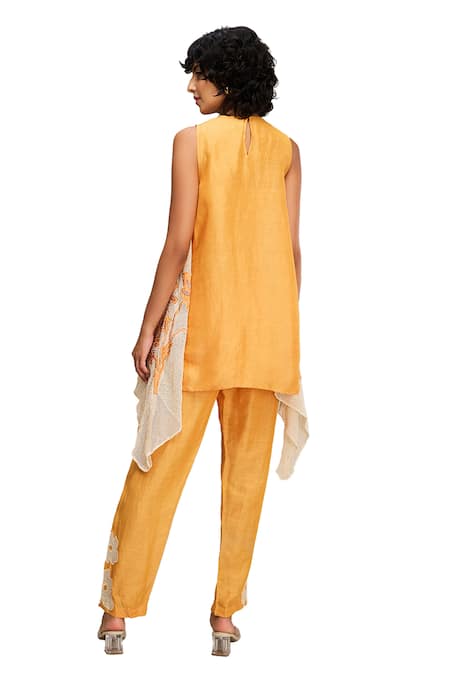 Shop Soup By Sougat Paul Orange Satin, Handloom Cotton Embroidery, Zinnia Hand Kurta And Pant Set at Aza Fashions Shop_Soup By Sougat Paul_Orange Satin, Handloom Cotton Embroidery, Zinnia Hand Kurta And Pant Set _at_Aza_Fashions