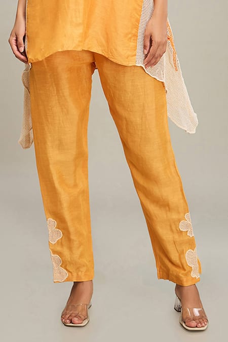 Soup By Sougat Paul Orange Satin, Handloom Cotton Embroidery, Zinnia Hand Kurta And Pant Set Online at Aza Fashions Soup By Sougat Paul_Orange Satin, Handloom Cotton Embroidery, Zinnia Hand Kurta And Pant Set _Online_at_Aza_Fashions