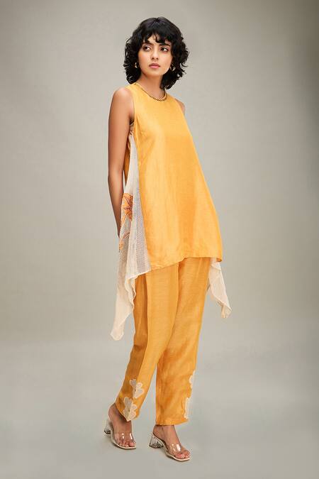 Shop Soup By Sougat Paul Orange Satin, Handloom Cotton Embroidery, Zinnia Hand Kurta And Pant Set Online at Aza Fashions Shop_Soup By Sougat Paul_Orange Satin, Handloom Cotton Embroidery, Zinnia Hand Kurta And Pant Set _Online_at_Aza_Fashions