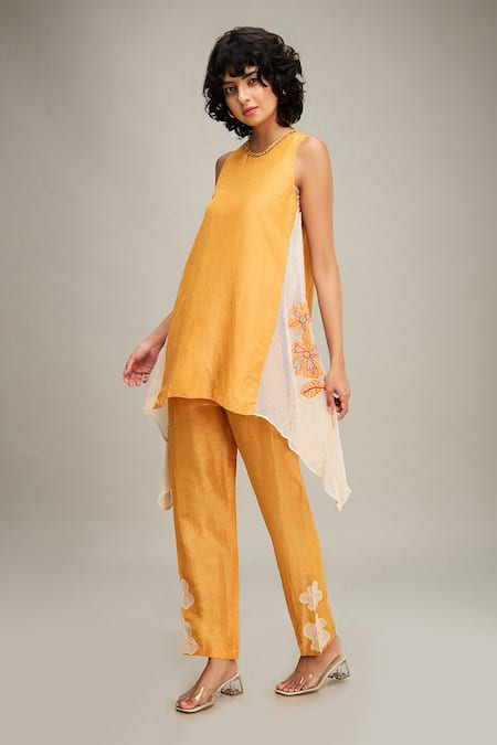 Soup By Sougat Paul Orange Satin, Handloom Cotton Embroidery, Zinnia Hand Kurta And Pant Set at Aza Fashions Soup By Sougat Paul_Orange Satin, Handloom Cotton Embroidery, Zinnia Hand Kurta And Pant Set _at_Aza_Fashions