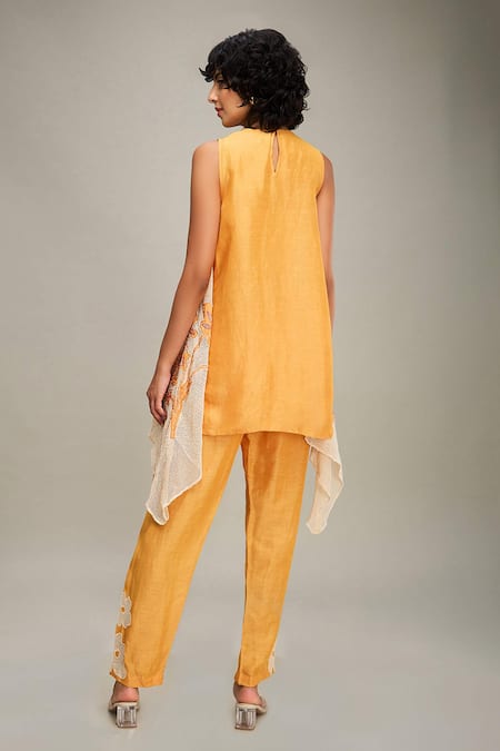 Buy Soup By Sougat Paul Orange Satin, Handloom Cotton Embroidery, Zinnia Hand Kurta And Pant Set Buy_Soup By Sougat Paul_Orange Satin, Handloom Cotton Embroidery, Zinnia Hand Kurta And Pant Set