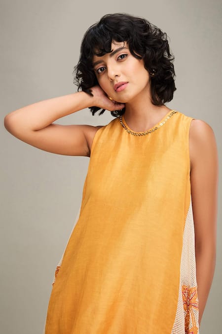 Shop Soup By Sougat Paul Orange Satin, Handloom Cotton Embroidery, Zinnia Hand Kurta And Pant Set Shop_Soup By Sougat Paul_Orange Satin, Handloom Cotton Embroidery, Zinnia Hand Kurta And Pant Set