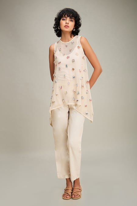 Soup by Sougat Paul Off White Top Handloom Net Hand Conversational And Pant Set 