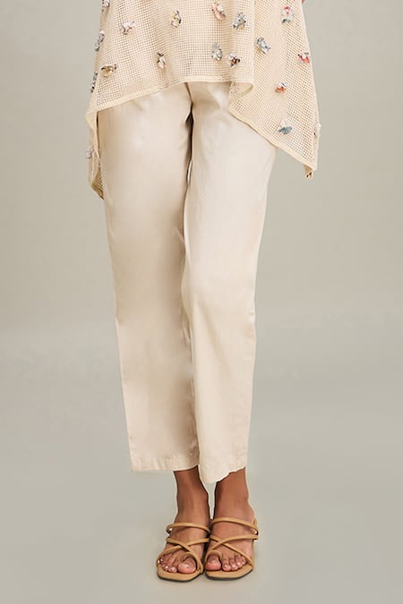 Soup By Sougat Paul Off White Muslin Beads, Embroidery Round Neck Conversational Top And Pant Set Online at Aza Fashions Soup By Sougat Paul_Off White Muslin Beads, Embroidery Round Neck Conversational Top And Pant Set _Online_at_Aza_Fashions