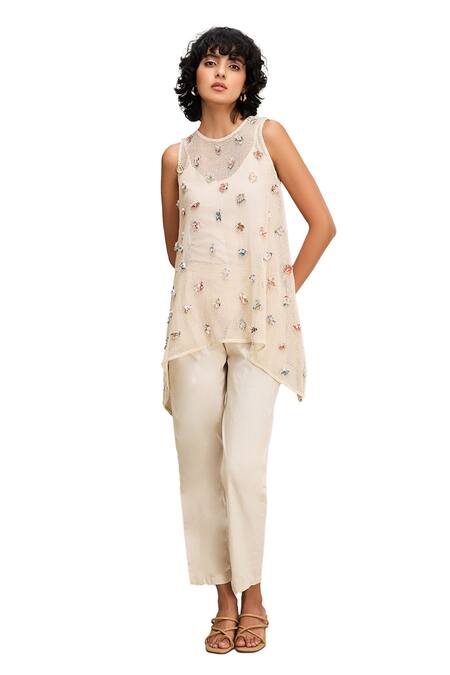 Buy Soup By Sougat Paul Off White Muslin Beads, Embroidery Round Neck Conversational Top And Pant Set Online at Aza Fashions Buy_Soup By Sougat Paul_Off White Muslin Beads, Embroidery Round Neck Conversational Top And Pant Set _Online_at_Aza_Fashions