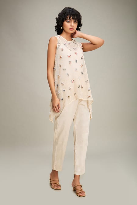 Shop Soup By Sougat Paul Off White Muslin Beads, Embroidery Round Neck Conversational Top And Pant Set Online at Aza Fashions Shop_Soup By Sougat Paul_Off White Muslin Beads, Embroidery Round Neck Conversational Top And Pant Set _Online_at_Aza_Fashions