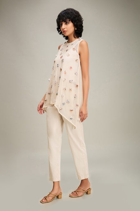 Soup By Sougat Paul Off White Muslin Beads, Embroidery Round Neck Conversational Top And Pant Set at Aza Fashions Soup By Sougat Paul_Off White Muslin Beads, Embroidery Round Neck Conversational Top And Pant Set _at_Aza_Fashions