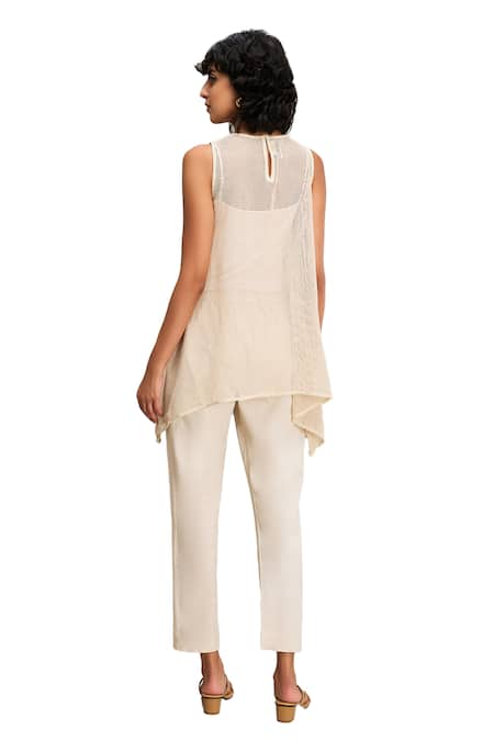 Buy Soup By Sougat Paul Off White Muslin Beads, Embroidery Round Neck Conversational Top And Pant Set Buy_Soup By Sougat Paul_Off White Muslin Beads, Embroidery Round Neck Conversational Top And Pant Set
