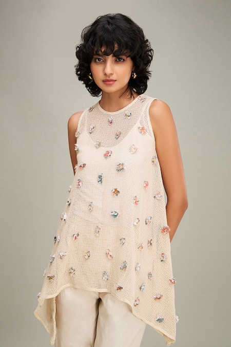 Shop Soup By Sougat Paul Off White Muslin Beads, Embroidery Round Neck Conversational Top And Pant Set Shop_Soup By Sougat Paul_Off White Muslin Beads, Embroidery Round Neck Conversational Top And Pant Set