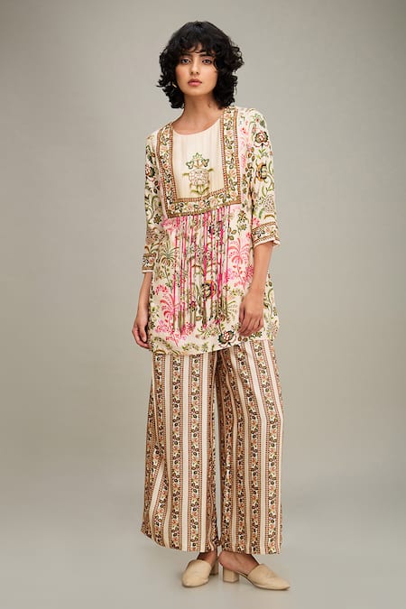 Soup by Sougat Paul Beige Chanderi Printed Floral Round Mehr Kurta And Palazzo Set 