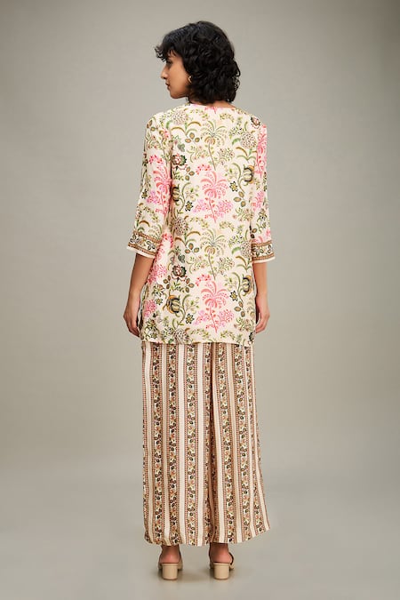 Shop_Soup By Sougat Paul_Beige Chanderi Embroidery, Sequins Round Mehr Floral Print Kurta And Palazzo Set _at_Aza_Fashions