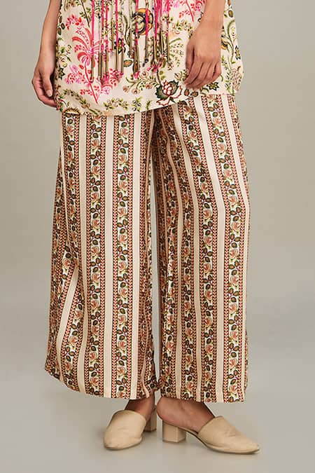 Soup By Sougat Paul_Beige Chanderi Embroidery, Sequins Round Mehr Floral Print Kurta And Palazzo Set _Online_at_Aza_Fashions