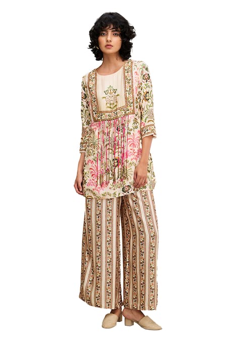 Buy_Soup By Sougat Paul_Beige Chanderi Embroidery, Sequins Round Mehr Floral Print Kurta And Palazzo Set _Online_at_Aza_Fashions